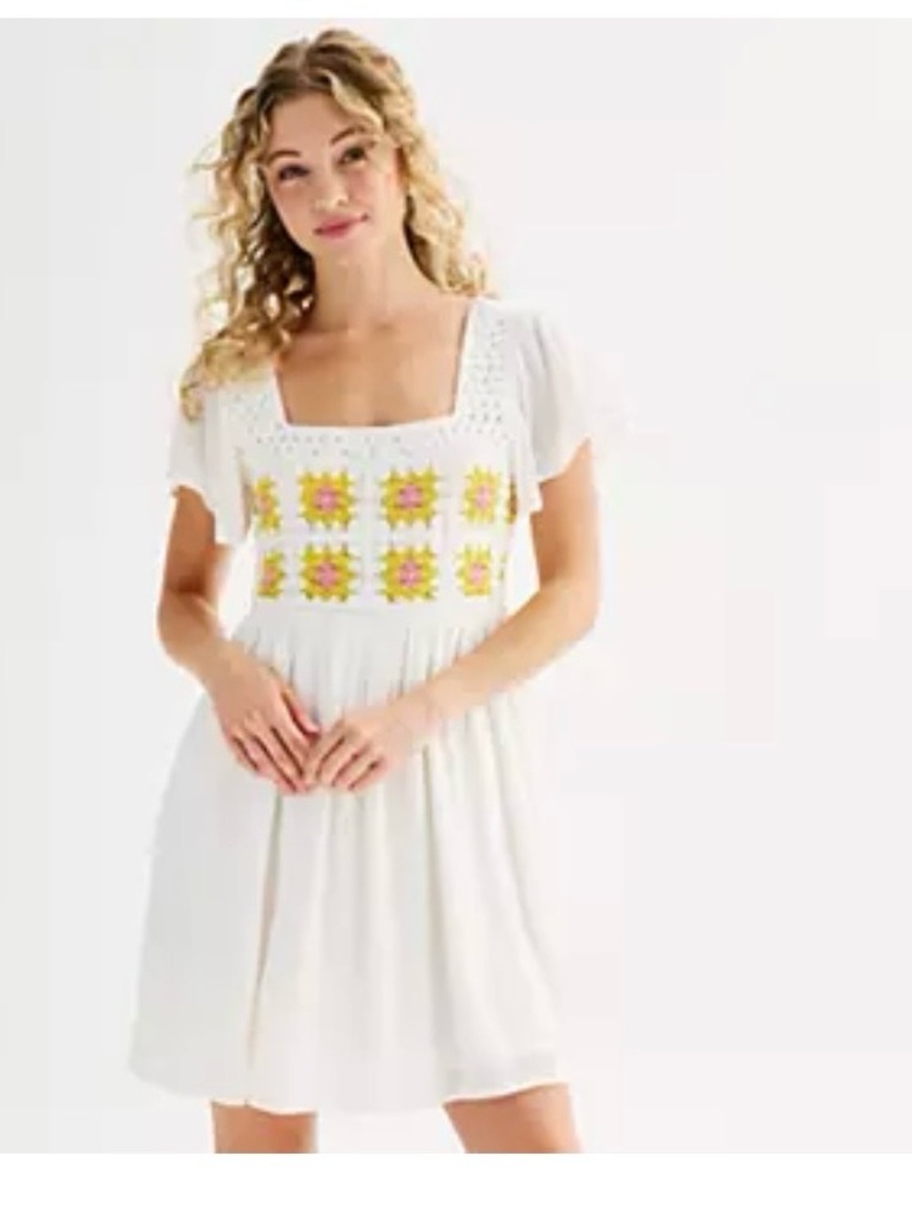 SO White Dress with Yellow & Pink Crocheted Floral Panels